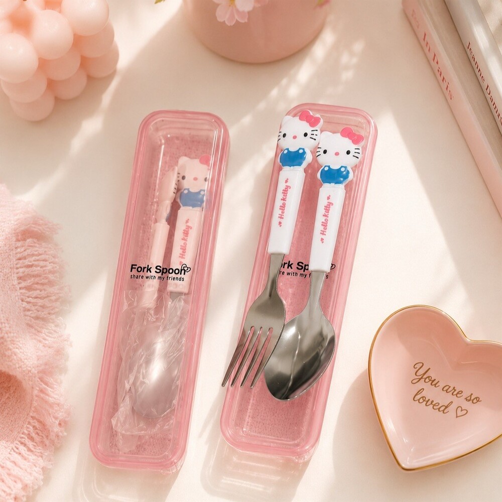 2 sets Sanrio Hello Kitty Portable Spoon & Fork Set w/ Pink Cases Bundle cute